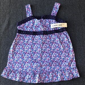 Cherokee Girl's 100% Cotton Blue Floral Sleeveless Shirt Ruffled Trim Size 7/8